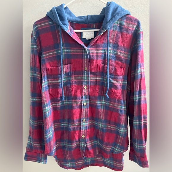American Eagle Plaid Hoodie Button Down Shirt NWT - Picture 2 of 4